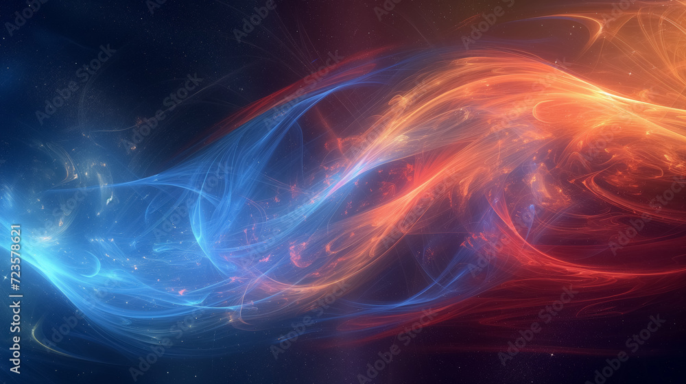 Abstract swirl of energy in red and blue hues.