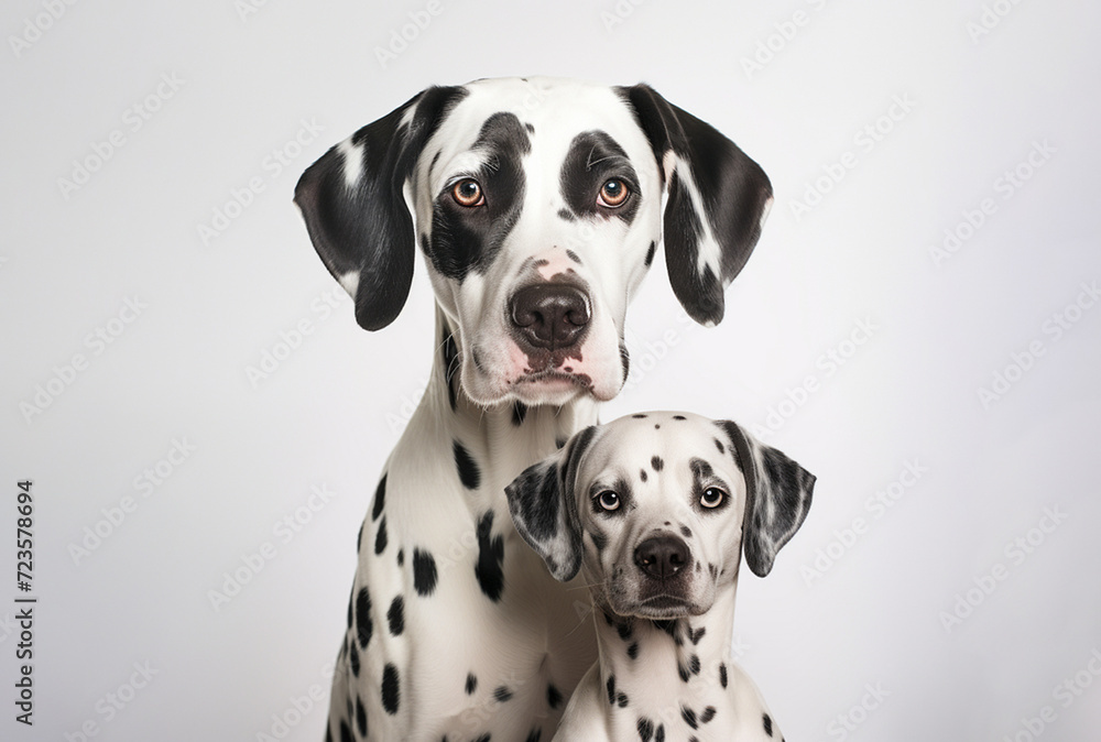 adult Dalmatian dog and Dalmatian puppy on a light background