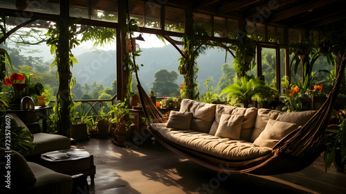 A serene terrace view overlooking a lush jungle, with comfortable seating and vibrant flora.