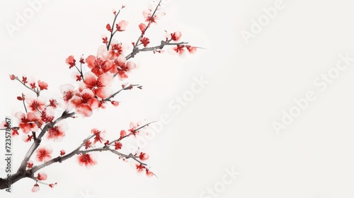 Pink watercolor illustration of cherry blossoms on a branch, Japanese style watercolor