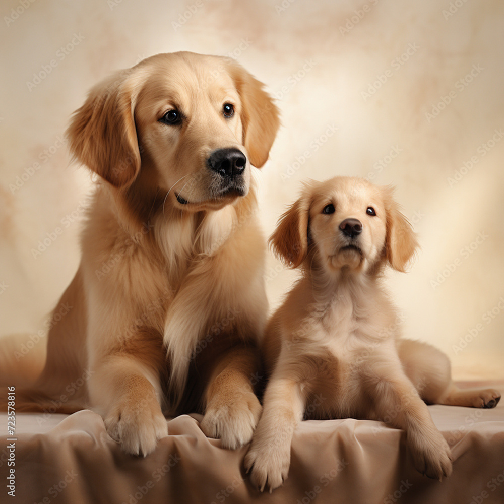 adult golden retriever dog and golden retriever puppy on a light background