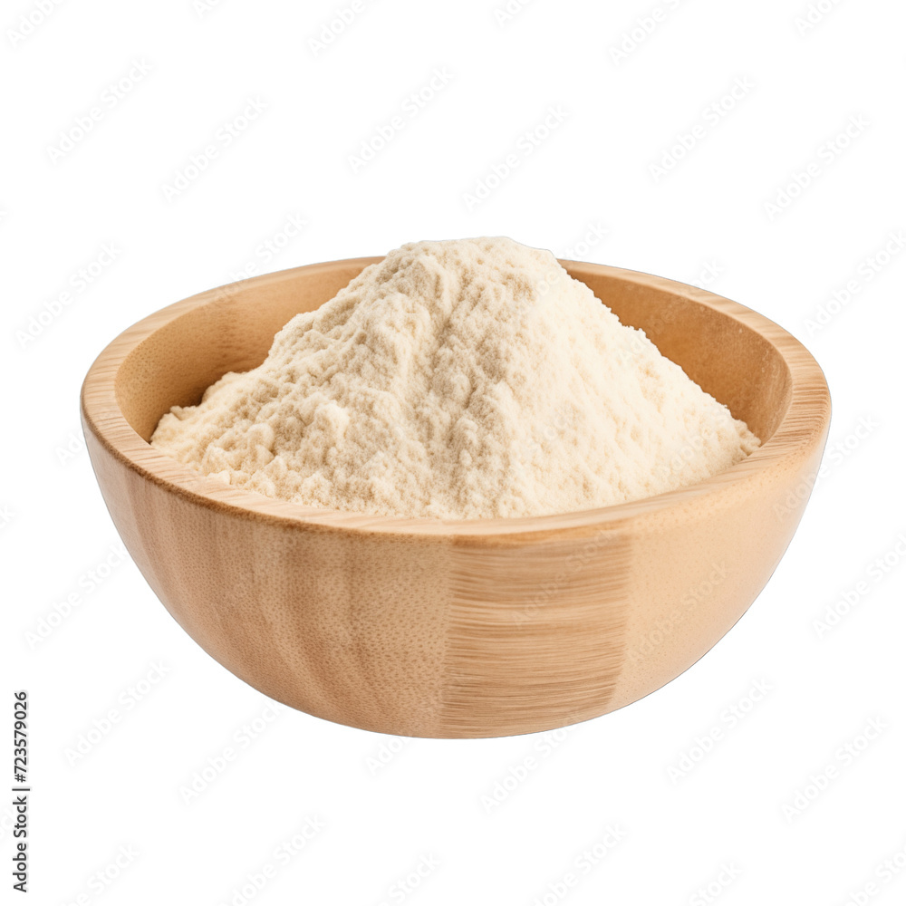 pile of finely dry organic fresh raw white quinoa flour powder in wooden bowl png isolated on white background. bright colored of herbal, spice or seasoning recipes clipping path. selective focus