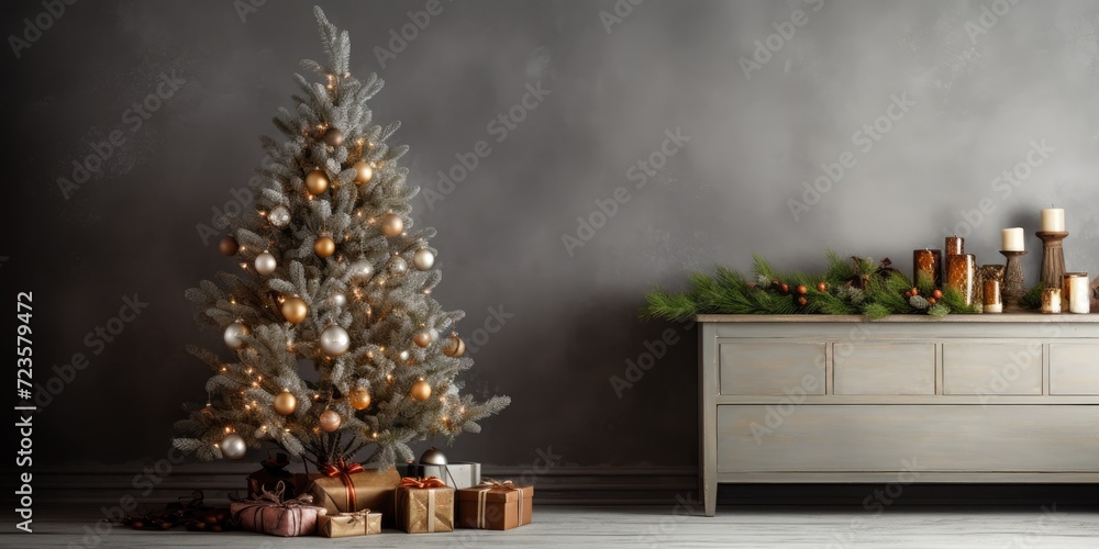 Christmas-themed setup on wooden commode in cozy home decor, with tree, gifts, and accessories. Space to add text. Template.