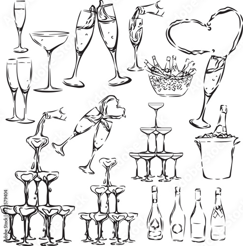 Champagne Outline Clipart Bundle, Wedding Champagne Tower illustration, liquid splash in heart shaped from champagne glass, Champagne Clipart Set for Celebration