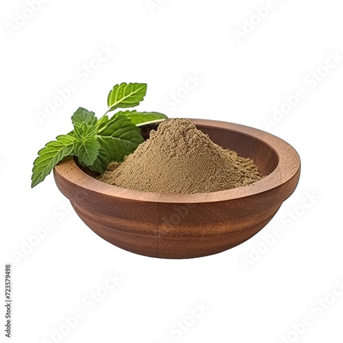 pile of finely dry organic fresh raw wood betony herb powder in wooden bowl png isolated on white background. bright colored of herbal, spice or seasoning recipes clipping path. selective focus photo