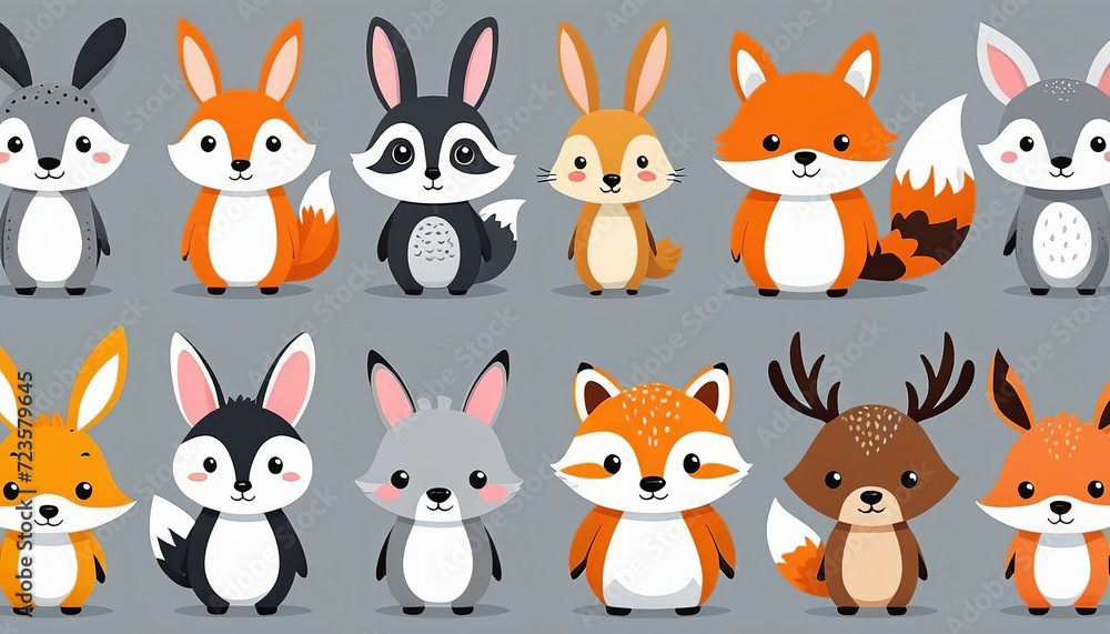 Cute Cartoon Hand Drawn Animals Collection in Modern Flat Style Vector