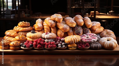variety of doughnuts and pastries on a wooden tray