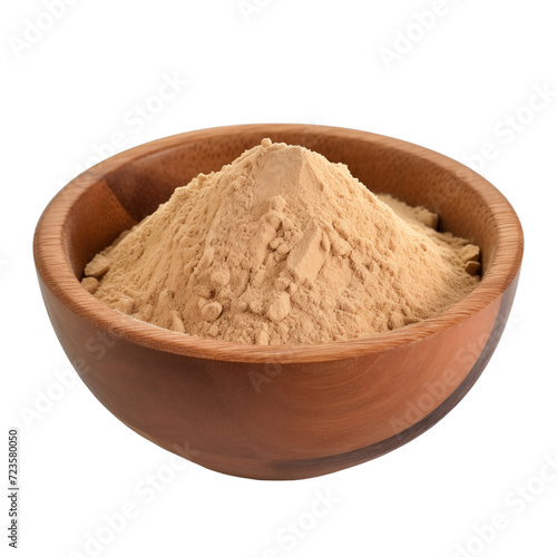 pile of finely dry organic fresh raw yacon root powder in wooden bowl png isolated on white background. bright colored of herbal, spice or seasoning recipes clipping path. selective focus