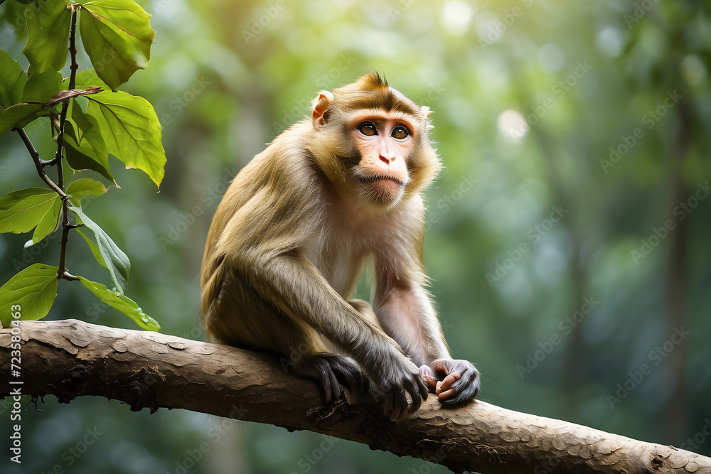 monkey standing on a wooden branch with forest background monkey standing on a wooden branch with forest background