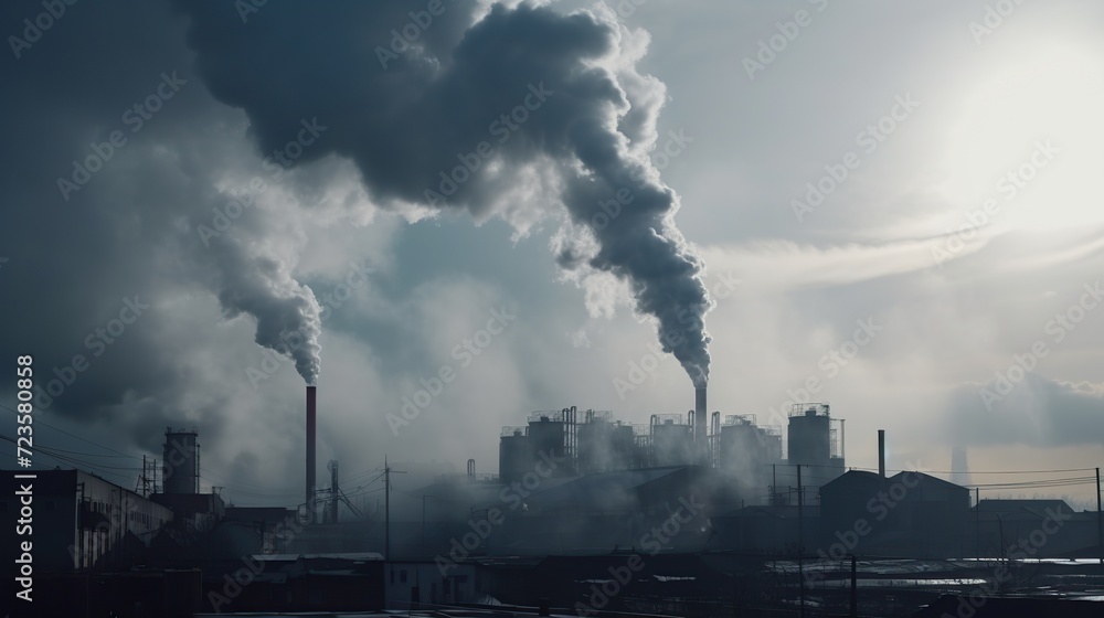 Illustration of the negative impact of manufacturing factory in big city. Air pollution environmental problems. Global warming effect. Outdoor industrial background.