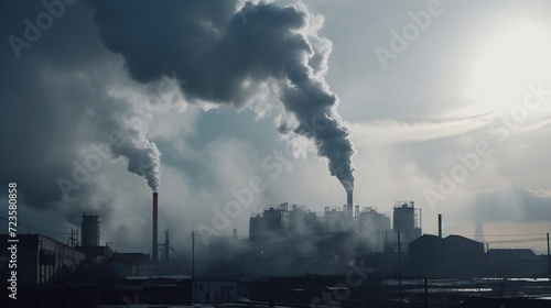 Illustration of the negative impact of manufacturing factory in big city. Air pollution environmental problems. Global warming effect. Outdoor industrial background.