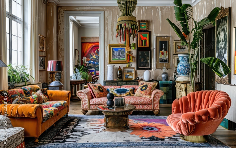 Vibrant arts living room featuring colorful artwork, unique furniture pieces, and a mix of styles that create a one-of-a-kind atmosphere.