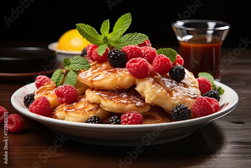 Fruit-Topped Pancakes Served on a Plate