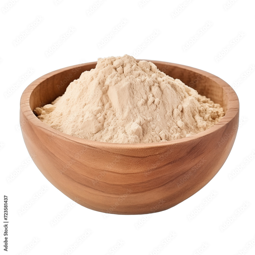 pile of finely dry organic fresh raw vetiver root powder in wooden bowl png isolated on white background. bright colored of herbal, spice or seasoning recipes clipping path. selective focus
