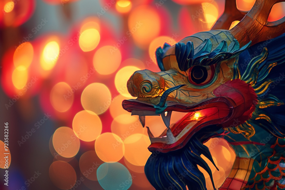 Colorful bright glowing dragon head and Lantern during the Chinese new year parade. Lantern festival Colorful bright glowing dragon head and Lantern during the Chinese new year parade. Lantern festival