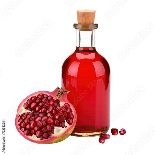 fresh raw organic pomegranate seed oil in glass bowl png isolated on white background with clipping path. natural organic dripping serum herbal medicine rich of vitamins concept. selective focus photo