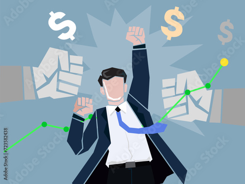 Business man runs up the arrow on the chart, which symbolizes business growth flat vector illustration