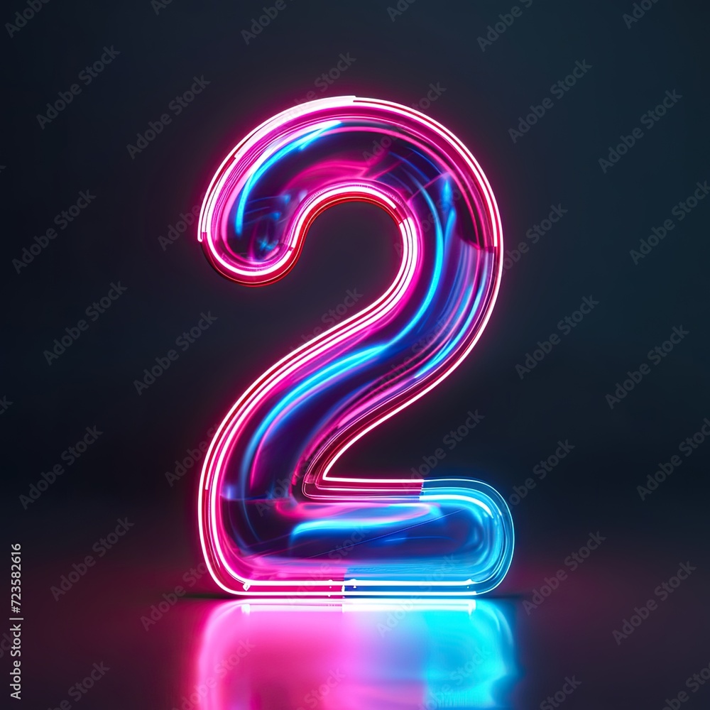 3d render, number two, pink blue gradient neon light glowing in the dark, Bright color, ultra realistic 3d render, number two, pink blue gradient neon light glowing in the dark, Bright color, ultra realistic