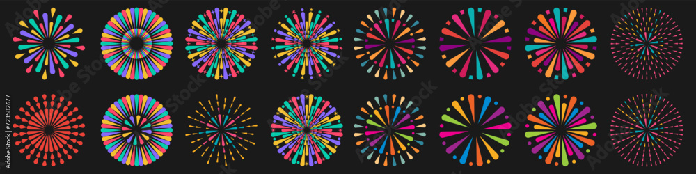 Set of creative fireworks explosion design vectors, ornament fireworks colorful design vector.