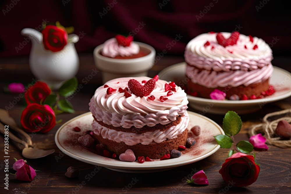 Three decorated cakes with strawberries and chocolate on different plates