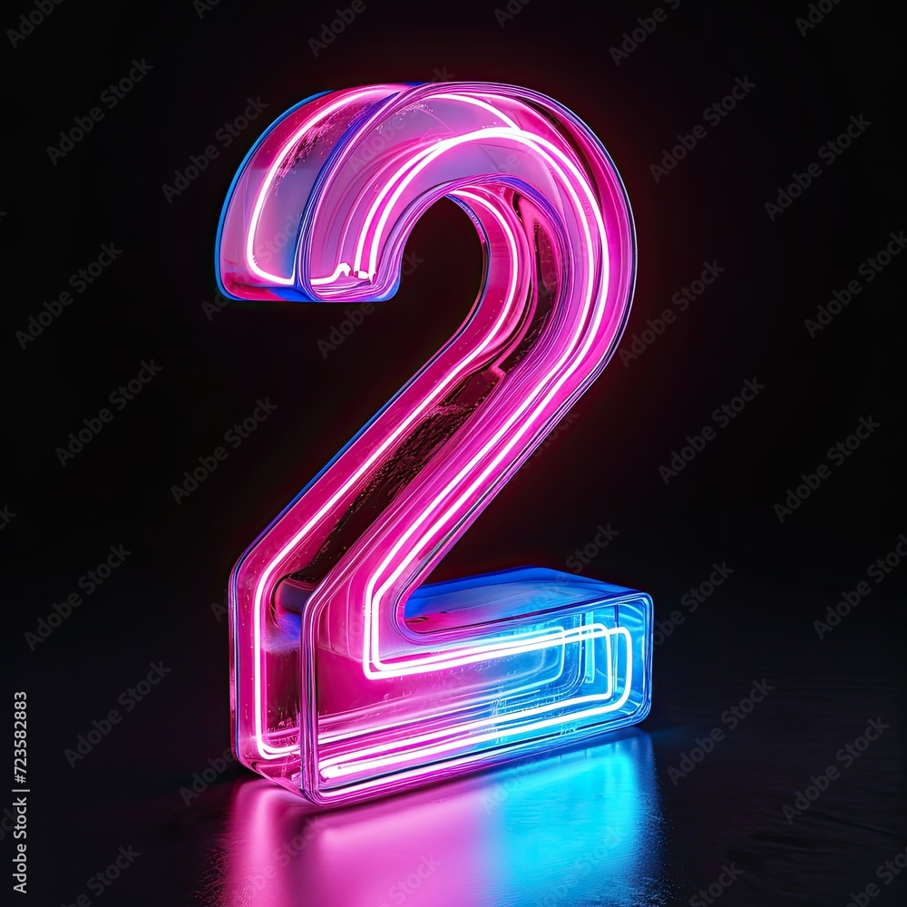 3d render, number two, pink blue gradient neon light glowing in the dark, Bright color, ultra realistic 3d render, number two, pink blue gradient neon light glowing in the dark, Bright color, ultra realistic