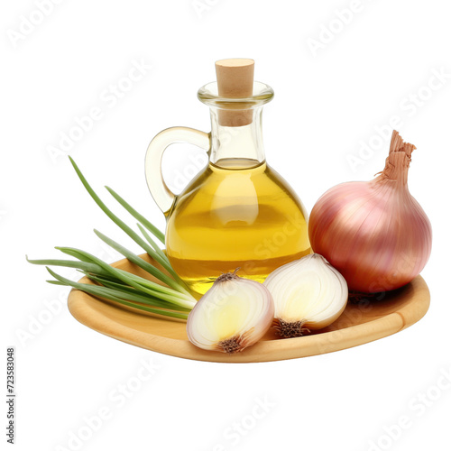 fresh raw organic prairie onion oil in glass bowl png isolated on white background with clipping path. natural organic dripping serum herbal medicine rich of vitamins concept. selective focus