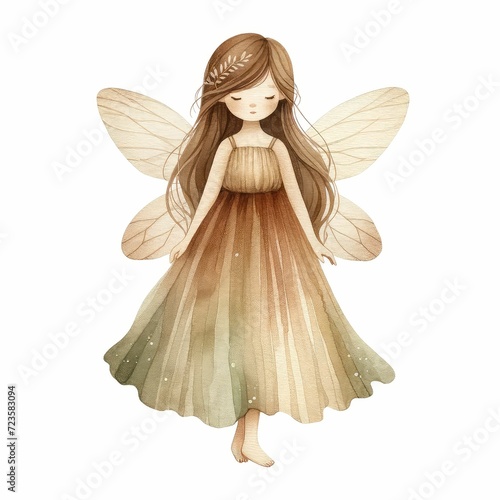 Forest fairy with earthy colors. watercolor illustration. Fairy and Flowers watercolor girls nursery resorce. white background. 