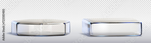 Glass transparent square and hexagon product podiums. Realistic vector illustration set of plexiglass or plastic stands for goods display. Geometric pillar crystal platform and pedestal base.