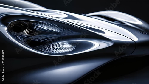 A closeup of the intricate patterns created by the interplay of light and shadow in a cars headlights highlighting the curves and contours of the vehicle. photo