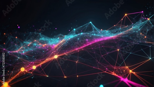 Particle neon dots and lines on dark background. Technology and futuristic concept, Showcase, Empty space, Backdrop, Animation. Neon colored 3d rendered network connection plexus design. 