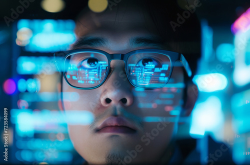 Programming, ai code and man with focus, hologram and digital software with cyber security, futuristic and website development. Male, coder or trader with data analysis and security at night