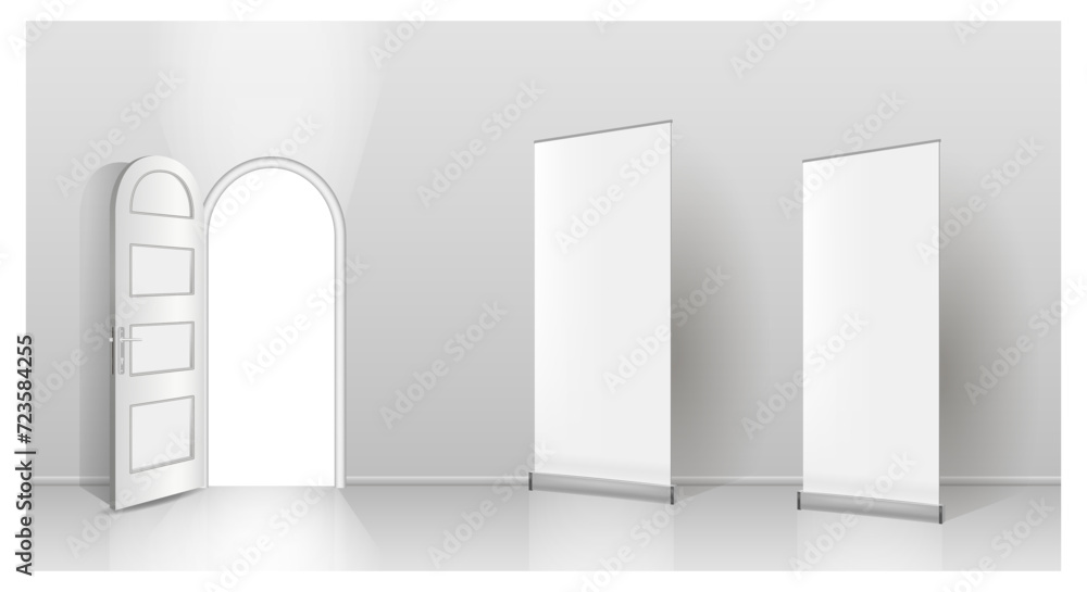 The interior of an empty room with a white banner and an open door.
Free space for copying, 3d vector image.