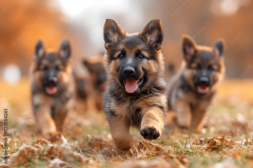 Playful German Shepherd Puppies Running on a Fall Day Playful German Shepherd Puppies Running on a Fall Day