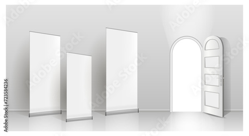 The interior of an empty room with a white banner and an open door.
Free space for copying, 3d vector image.
