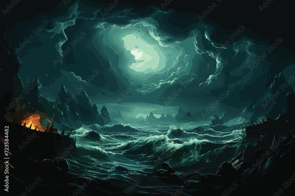 Bright lightning in a raging sea. A strong storm in the ocean. Big ...