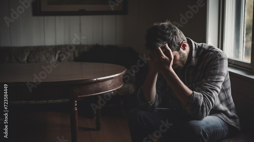 In the quiet solitude of his home, a lone man sits with a heavy heart, his hand pressed against his head in a gesture of sorrow and anguish photo