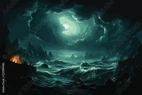Bright lightning in a raging sea. A strong storm in the ocean. Big waves. Night thunderstorm. Dark tones. The power of raging nature.