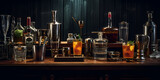 Perfume bottles and vintage fragrance at night aroma scent fragrant cosmetics on wooden table with dark background Ai Generative