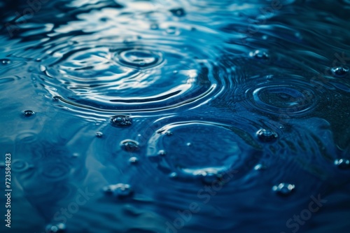 Glossy cerulean square surface with raindrop effects creating ripples across the canvas