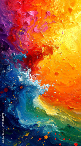 Abstract background of acrylic paint in blue, orange, yellow and red colors.