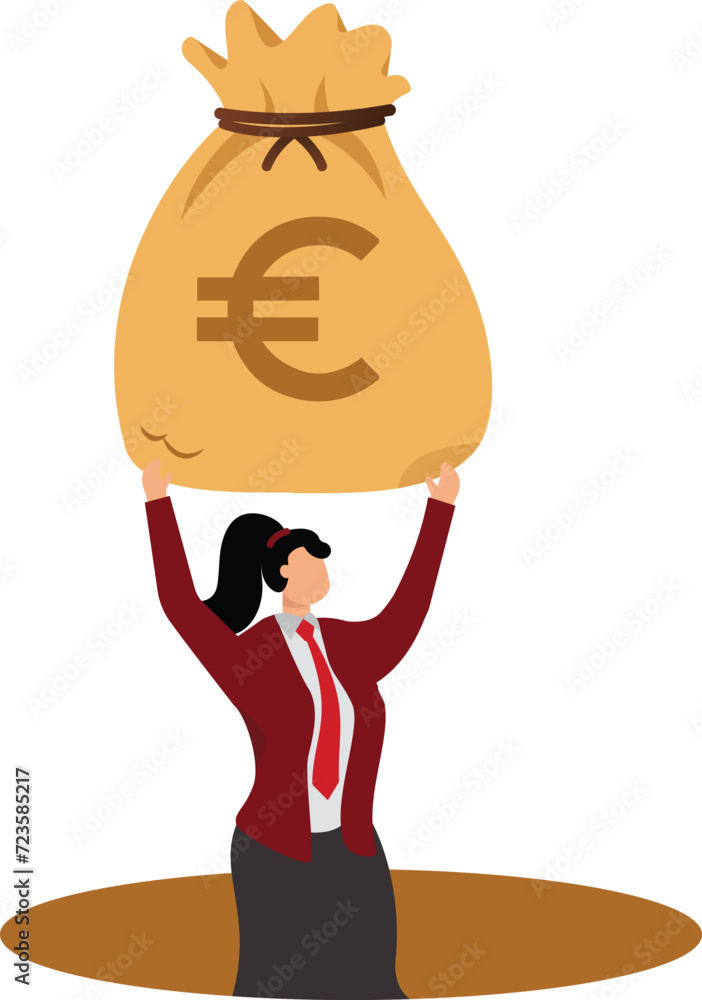 Over burdened, Euro Symbol, European Union Currency, Heavy, Above, Businesswoman Over burdened, Euro Symbol, European Union Currency, Heavy, Above, Businesswoman