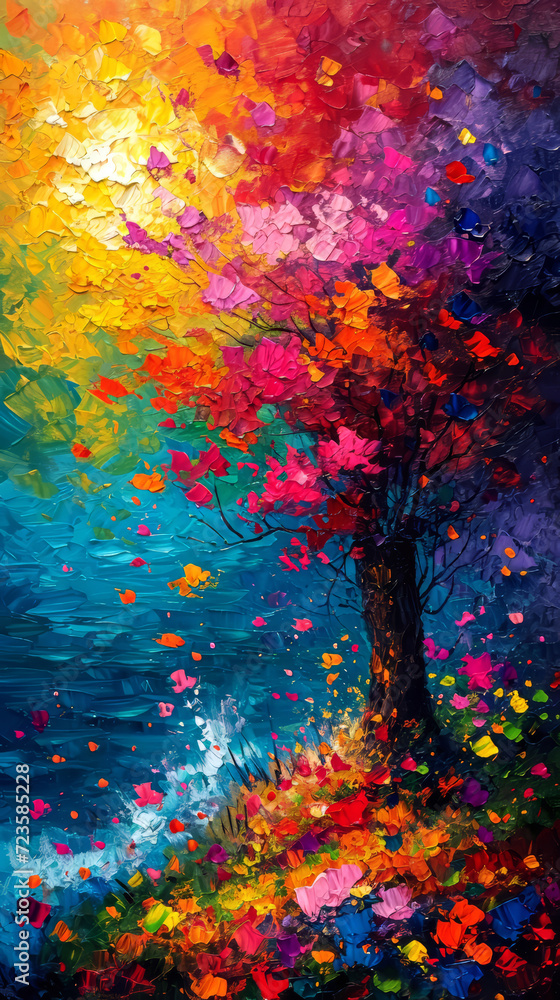 Abstract oil painting of a tree with colorful leaves. Colorful autumn background.