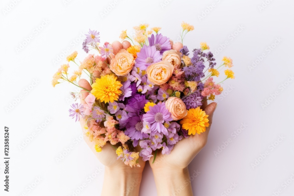 Hand holding a bouquet of different colored flowers