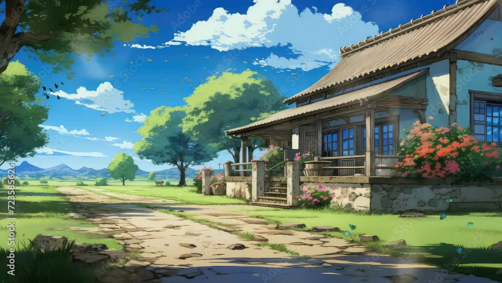 Animation traditional japanese house in spring with anime art style