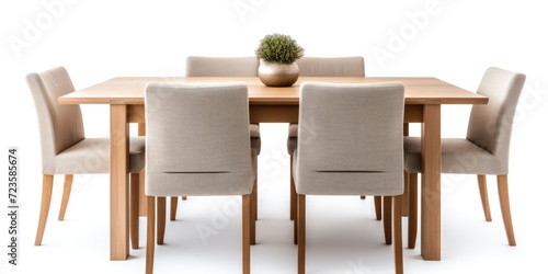 Contemporary wooden kitchen dining table, isolated on a white background, with fabric chairs.