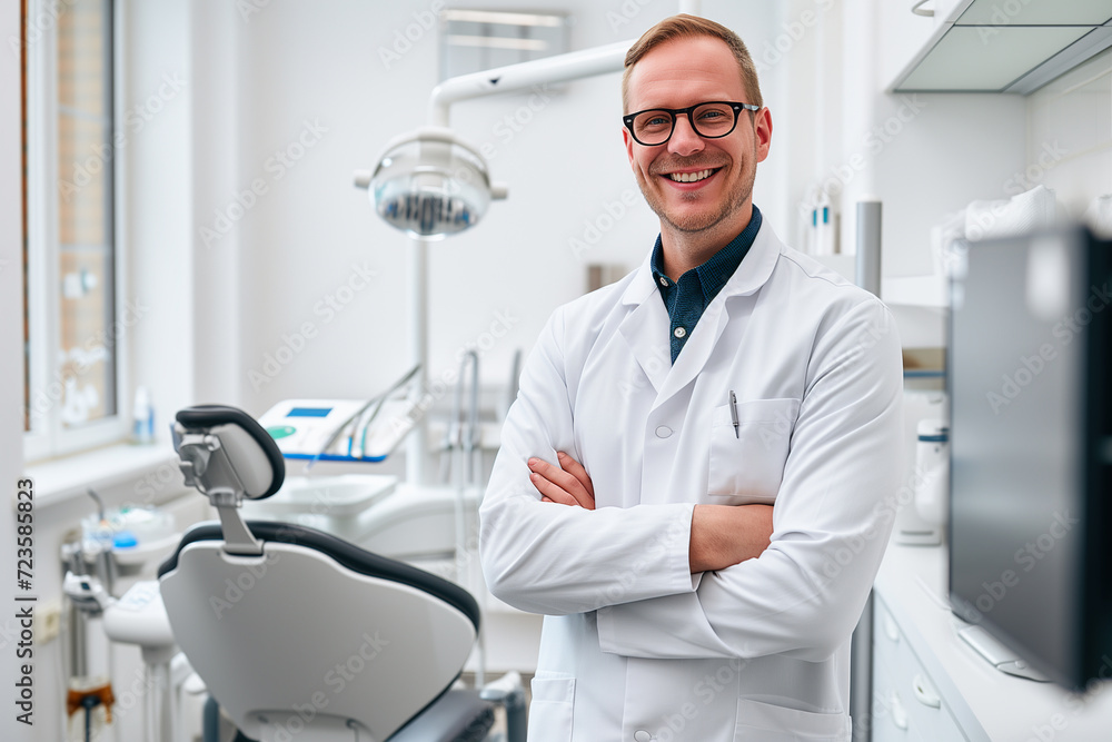 Portrait of dentist man smiling while standing in dental clinic. Dentistry, occupation concept Portrait of dentist man smiling while standing in dental clinic. Dentistry, occupation concept
