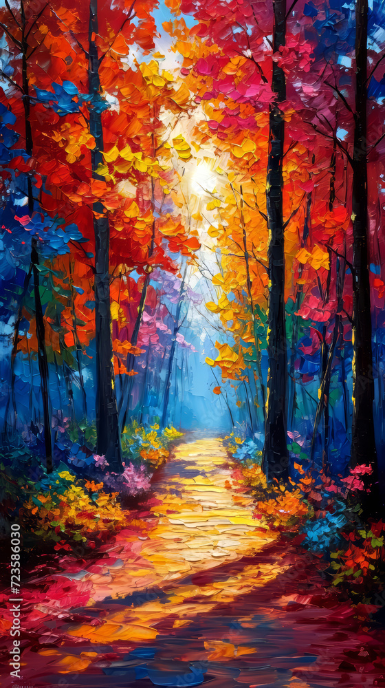 Autumn landscape with bright colorful leaves in the forest. Digital painting.