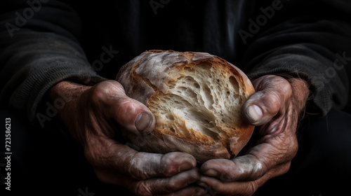 A homeless poor man's hand holding a piece of bread in the context of capitalist society, visibly dirty photo