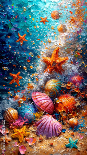 Colorful seashells and starfish on abstract watercolor background.
