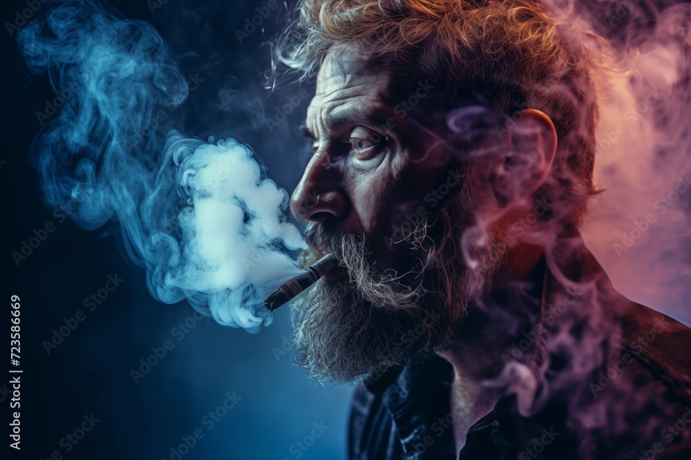 Close up man smoking a cigarette. adult man, grandfather smoking against a background of smoke and neon